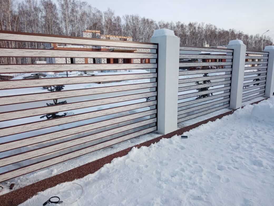 забор-ранчо из металлопланкена 130м каштан красный + беленый дуб фото4 в Вельске